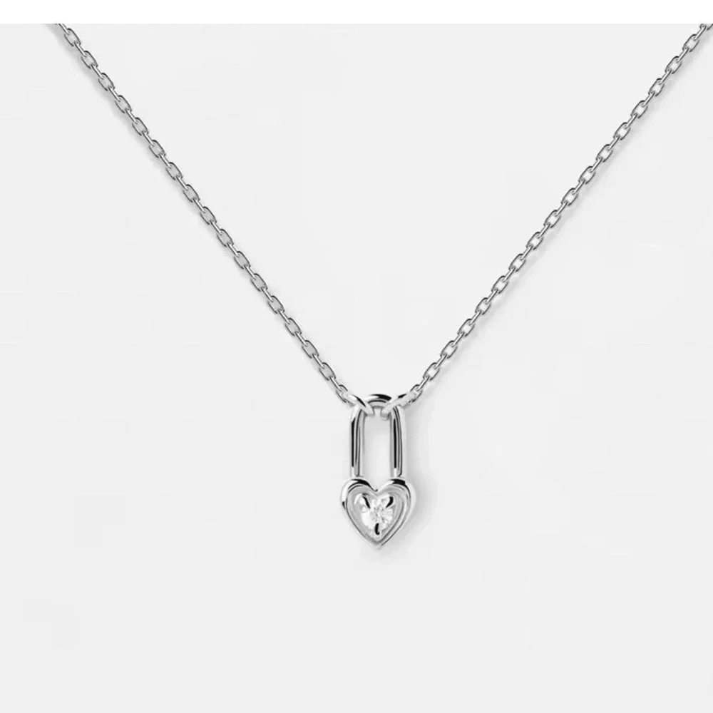 NEW White Gold Filled‎ Heart Lock Diamond Simulate Pendant Necklace